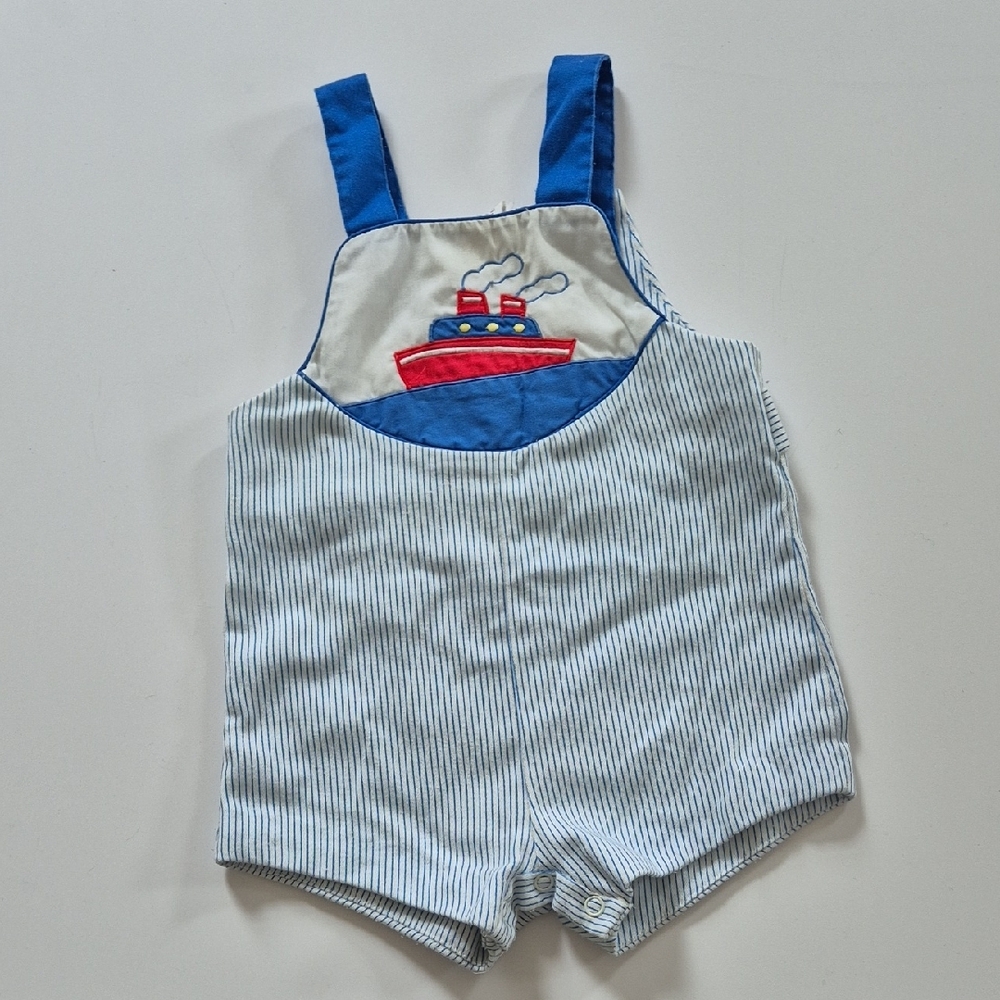 Vintage Jon Jon Overalls Blue and White Striped Kids Overalls Embroidered Boat